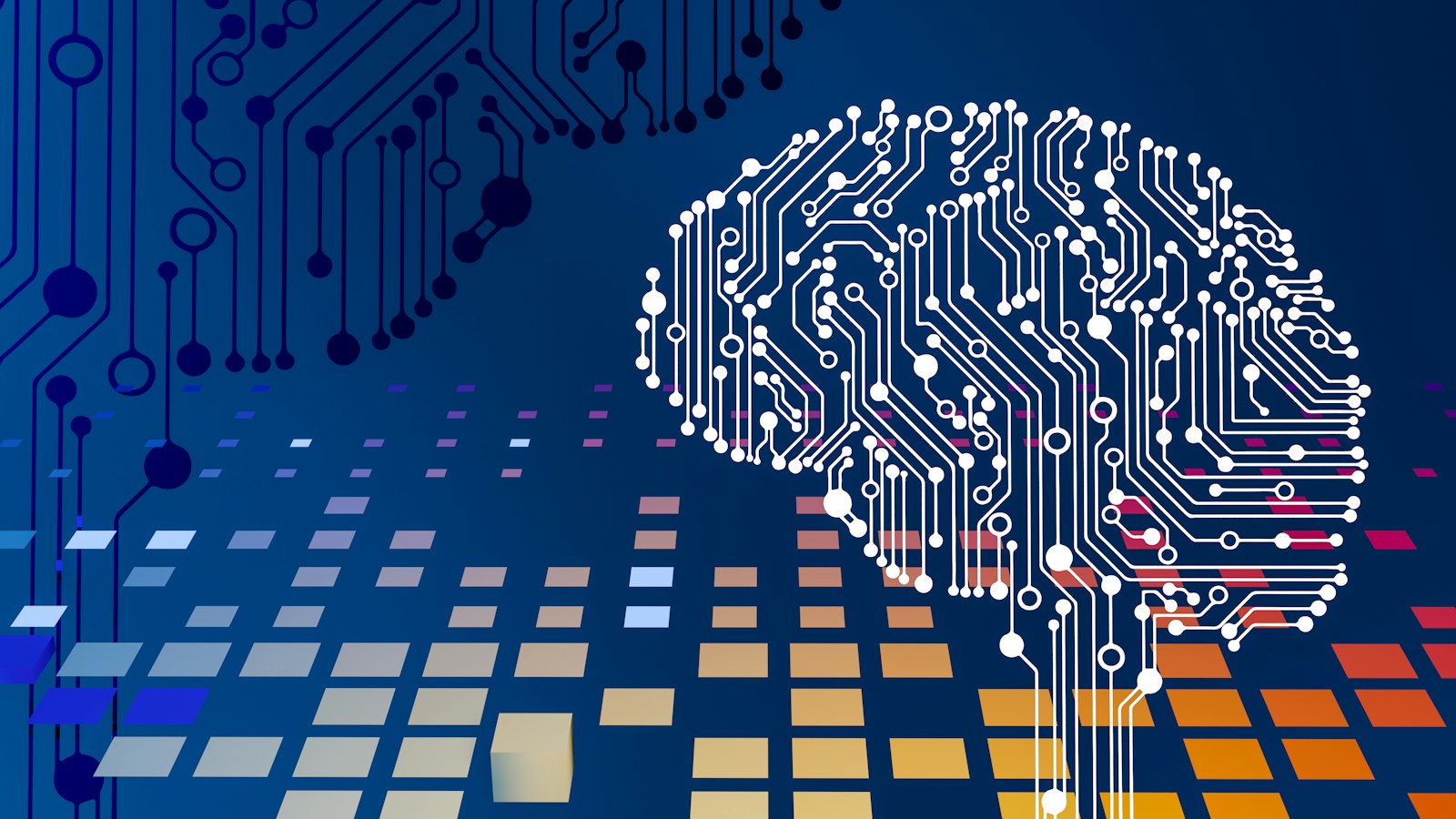An illustration of a brain made of circuit board patterns